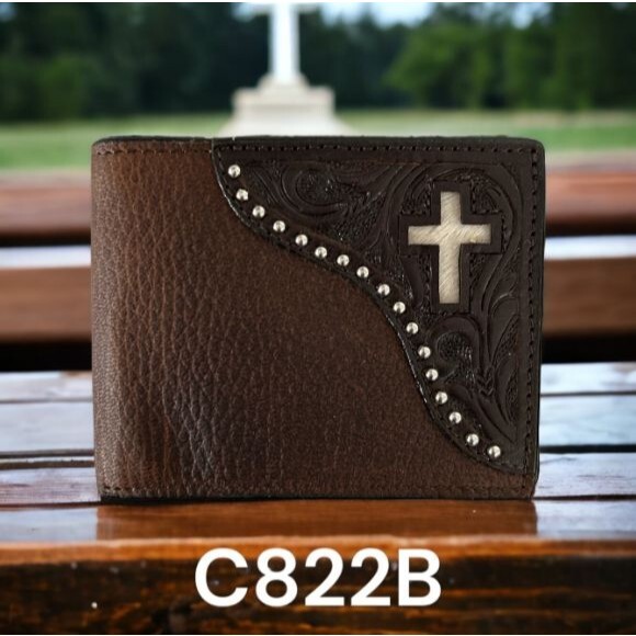 Ranger Belt Company Other - Western Dark Brown Leather Bifold Wallet Cowhide Inlay Cross Silver Stud Accent
